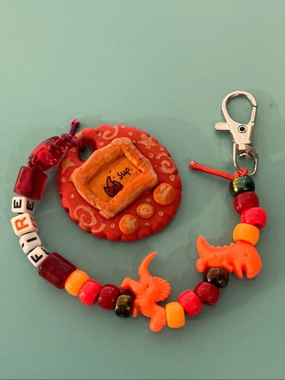 Handmade Kids Keychain Charm - Orange Beaded Fire Design